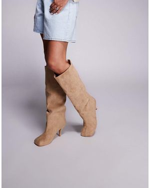 Public Desire Bordeaux Ruched Heeled Knee Boots - Brown