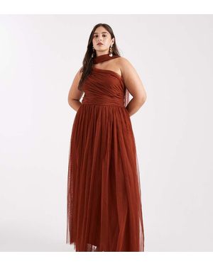 Lace & Beads Plus Bridesmaid One Shoulder Scarf Neck Maxi Dress - Red