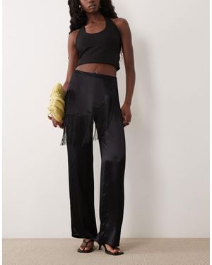 ASOS Satin Wide Leg Wrap Fringe Trouser - Black