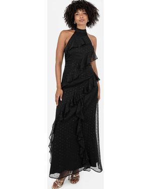 ANAYA Halter Neck Ruffle Maxi Dress - Black