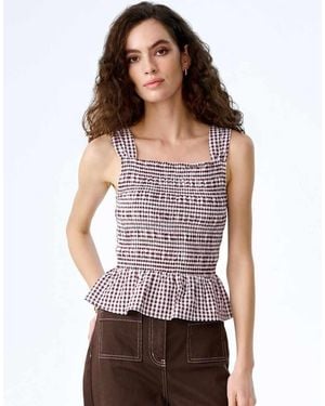 OMNES Tops Rain Cotton Seersucker Gingham Top With Peplum Frill - White