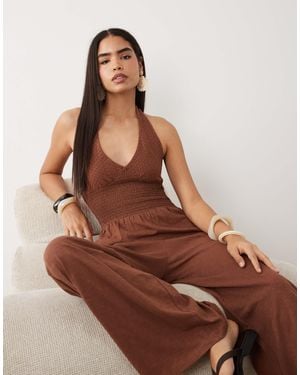 ASOS Crochet Shirred Jumpsuit - Brown