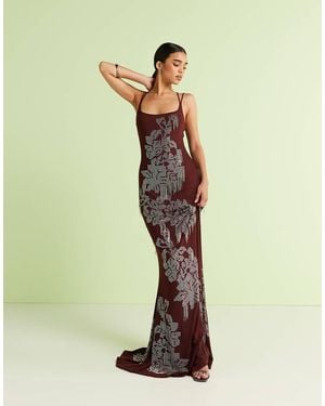 ASOS Square Neck Artwork Floral Hotfix Maxi Dress With Fringe Embellishment - Green