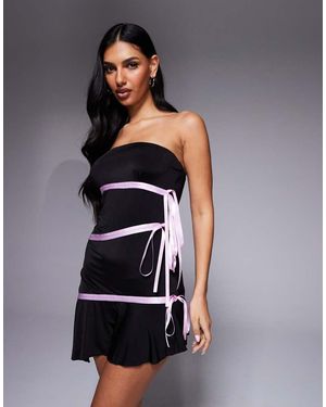 I.AM.GIA Arly Slinky Bandeau Contrast Satin Ribbon Trim Asymmetric Hem Mini Dress - Grey