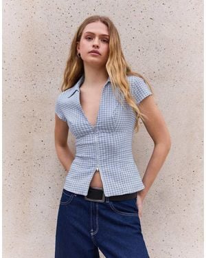 Bershka Short Sleeve Zip Print Shirt - Blue