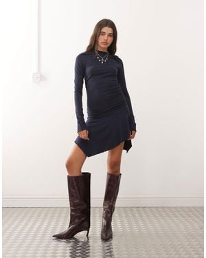 Weekday Asymmetric Shoulder Long Sleeve Mini Dress - Blue