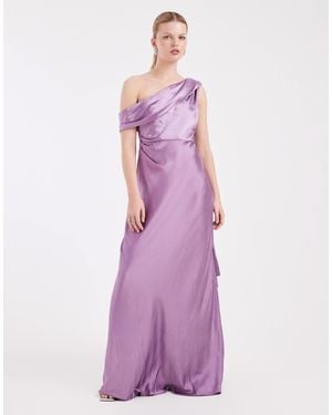 Six Stories Bridesmaid One Shoulder Drape Detail Satin Maxi Dress - Purple