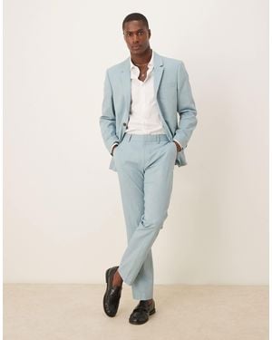 ASOS Linen Look Slim Suit Pants With Front Pleat - Blue
