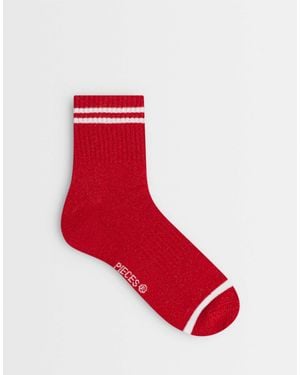 Pieces Sporty Stripe Glitter Socks - Red