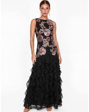 Maya Embellished Waterfall Ruffle Sleeveless Maxi Dress - Black