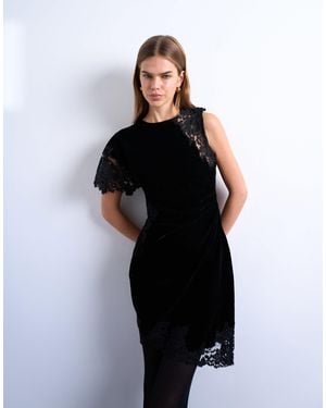 TOPSHOP Lace Insert Grown On Shoulder Velvet Mini Dress - Black