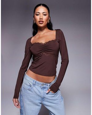 ASOS Slinky Lace Trim Square Neck Ruched Front Long Sleeve Top - Blue