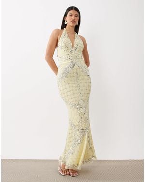 Beauut Fully Embellished Beaded Plunge Halter Neck Maxi Dress - Natural