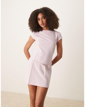 Mango Slash Neck Short Sleeve Mini Dress With Micro Belt Waist - Pink