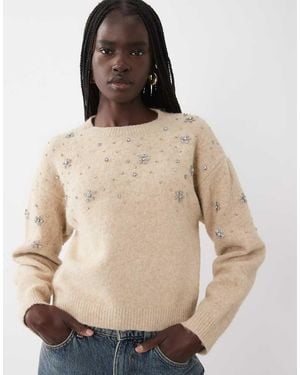 Miss Selfridge Trui Met Bloemen En Kralen - Naturel