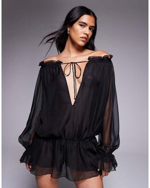I.AM.GIA Jazmin Georgette Chiffon Bardot Plunge Tie Detail Dropped Waist Playsuit - Grey