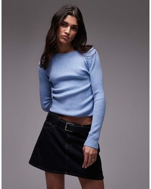 Mango Geribbelde Top Met Boothals En Lange Mouwen - Blauw