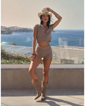 SIMMI Crochet Knit Short Sleeve Cardigan - Grey