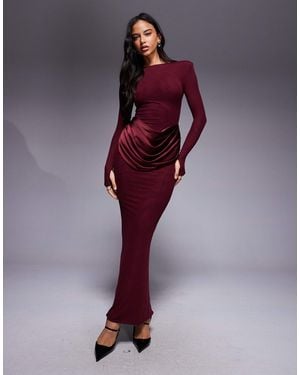 Wanderdoll Eman Slash Neck Satin Drape Waist Detail Long Sleeve Bodycon Maxi Dress - Purple