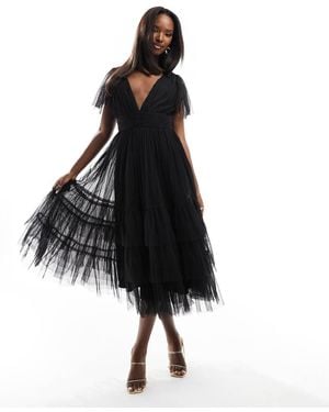 LACE & BEADS Bridesmaid Madison V Neck Tulle Midi Dress - Black