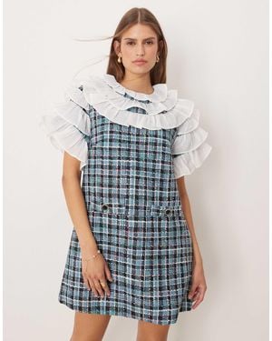 Sister Jane Ruffle Top Tweed Check Mini Dress - Blue