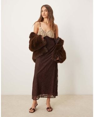 Miss Selfridge Maxi Slip Dress With Contrast Lace - Brown