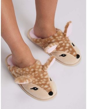 Boux Avenue Deer Plush Mule Slippers Super Soft Cosy Pom Pom Loungewear - Natural