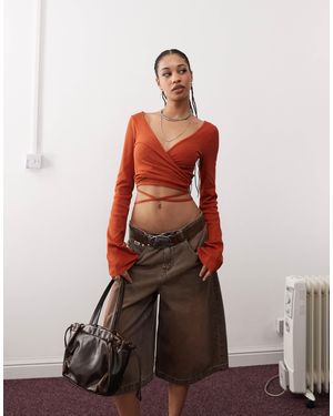 Monki Wrapped Rib Yoga Cardigan With Tie Details - Red