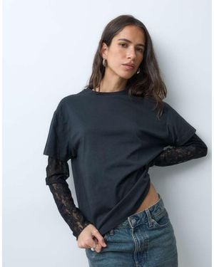 Miss Selfridge Oversized Tshirt With Lace Sleeve - Blue