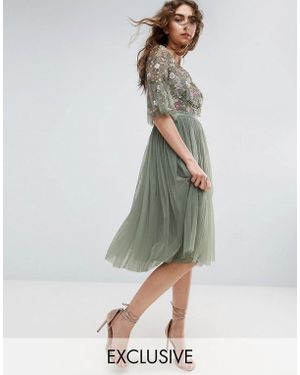 Needle & Thread Needle And Thread Ruffle Sleeve Midi Dress With Floral Embroidery - Green