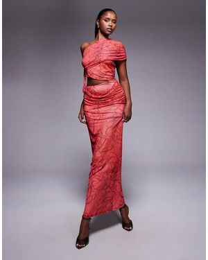 ASOS Printed Mesh One Shoulder Maxi Dress With Ruched Bodice - Red
