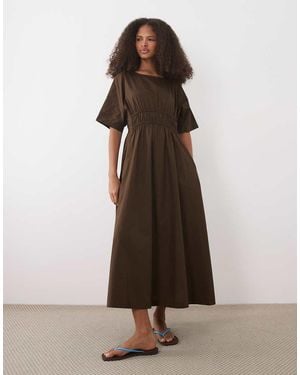 Threadbare Cotton Poplin Short Sleeve Midi Dress - Brown