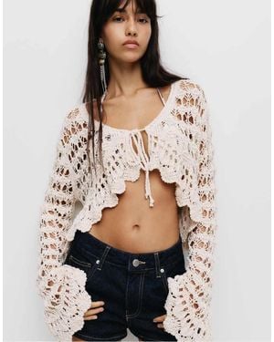 Pull&Bear Crochet Cardigan With Knot - Natural