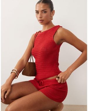 ASOS Knitted Cinched Crochet Asymmetric Top Co Ord - Red