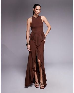 AFRM Bovina Mesh Drop Hem Ruffle Maxi Dress - Brown