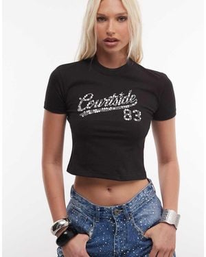 Courtside Camiseta Negra Con Diseño Encogido Y Logo Adornado - Negro