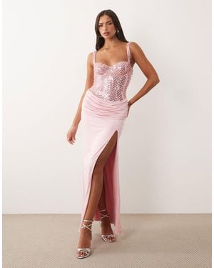 Oh Polly Embellished Corset Draped Detail Maxi Dress - Pink