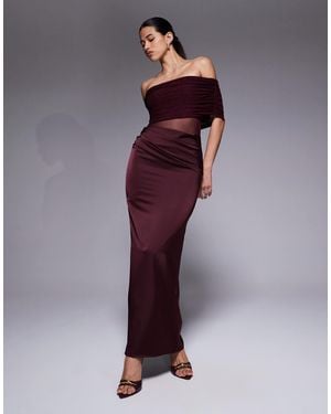Aria Cove Bardot Sheer Panel Drape Detail Fishtail Satin Maxi Dress - Purple