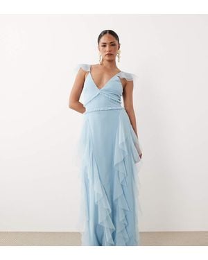 LACE & BEADS Ruffle Tulle Frill Strap Maxi Dress - Blue