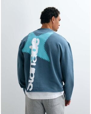 ASOS Washed Sweatshirt With Print And Raw Edges And Inside Out Seams - Blue