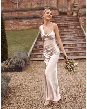 Six Stories Cowl Asymmetrical Satin Bridesmaid Dress - Brown