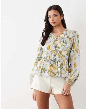 Y.A.S Tie Front Long Sleeve Cotton Top - Multicolour