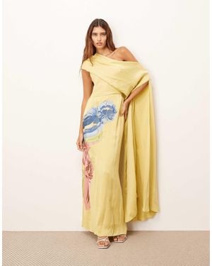 ARRANGE Distorted Floral Embroidered Fallen Shoulder Drape Maxi Dress - Metallic