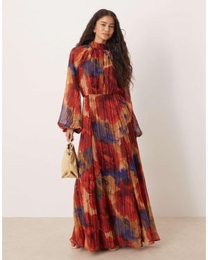 ASOS High Neck Crinkle Maxi Dress With Blouson Sleeve - Red