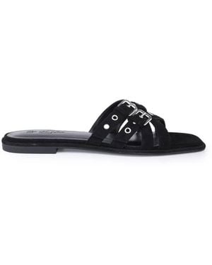 OFF THE HOOK Isla Suede Leather Eyelet Strappy Flat Sandals - Black