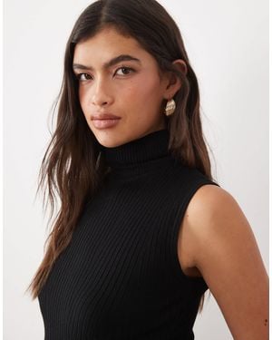 Kaiia Exclusive Ribbed Knit High Neck Sleeveless Top - Black