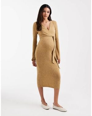 Mama.licious Mamalicious Maternity Ribbed Knitted Nursing Friendly Wrap Front Midi Dress - Natural