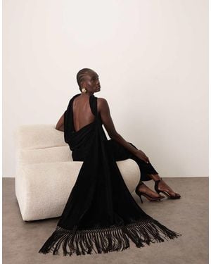 ARRANGE Scarf Neck Draped Velvet Maxi Dress With Low Back And Train - Black