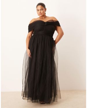 Lace & Beads Plus Bow Fallen Shoulder Maxi Tulle Dress - Black