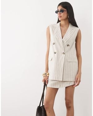 Miss Selfridge Americana Beis A Rayas De Doble Botonadura De Tejido Efecto Lino (Parte De Un Conjunto)-Neutro - Blanco